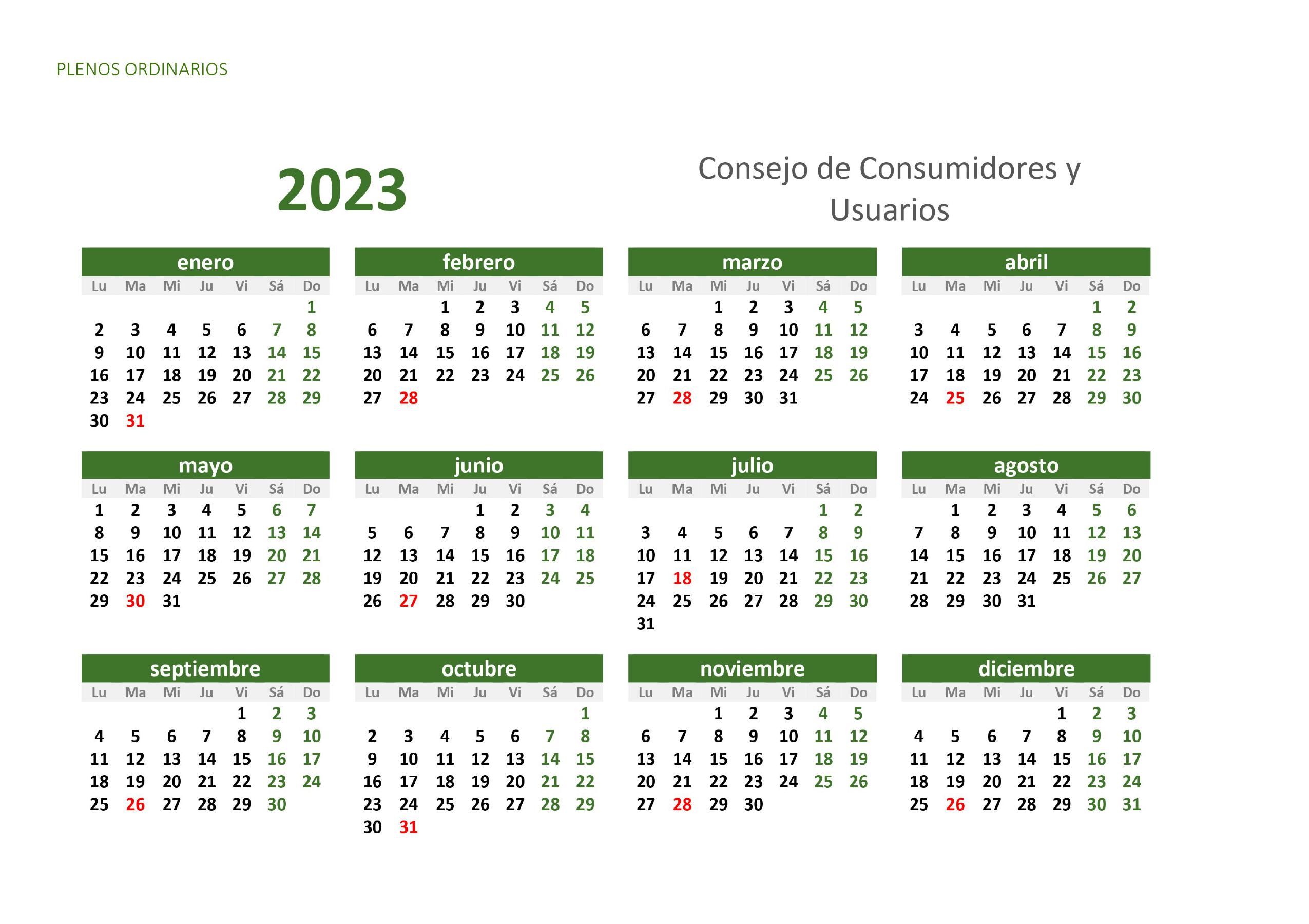 Calendario sesiones plenarias CCU 2023
